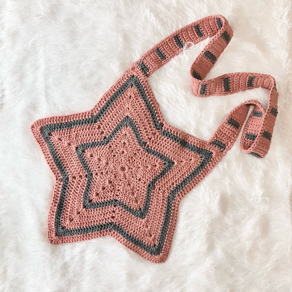 New Handmade Crochet Star Bag Purse Pink Gray L - Picture 2 of 5
